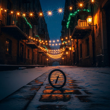 Lights on the streets of the old city at night in winterの素材