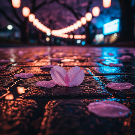 Sakura petals on the ground in the city at night.の素材
