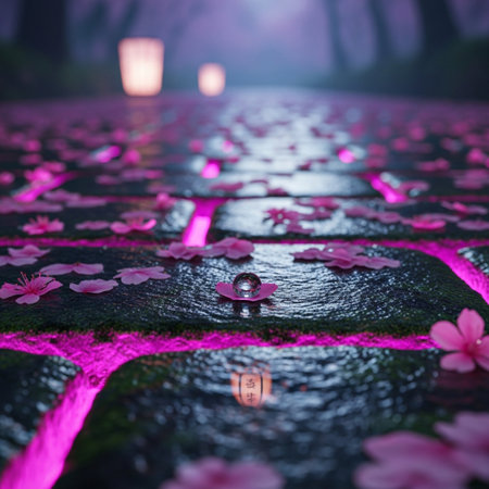 Cherry blossoms and a drop of water on the road in the night.の素材
