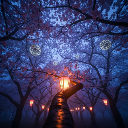 Cherry blossom tree with lanterns in the fog at nightの素材