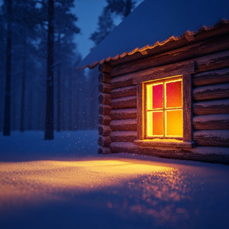Small wooden house in winter forest at night with falling snow. Christmas background.の素材
