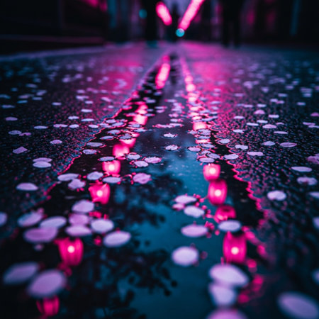 Beautiful pink flower petals falling down on the road in the nightの素材