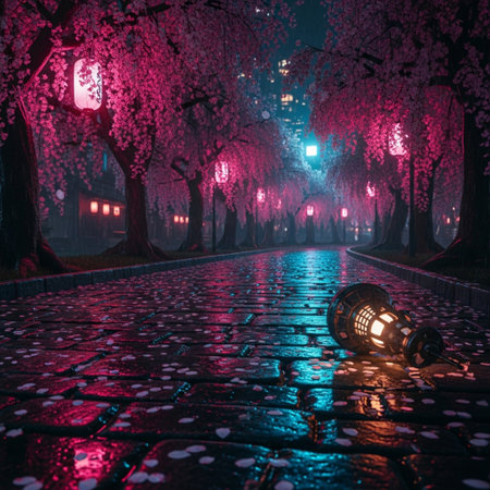Cherry blossoms in the park at night with lanterns.の素材