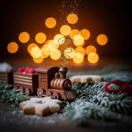 Christmas and New Year greeting card. Toy train with christmas tree and gingerbread cookies on wooden backgroundの素材