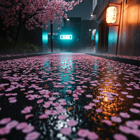 Sakura flower petals falling on the road at night in Japanの素材