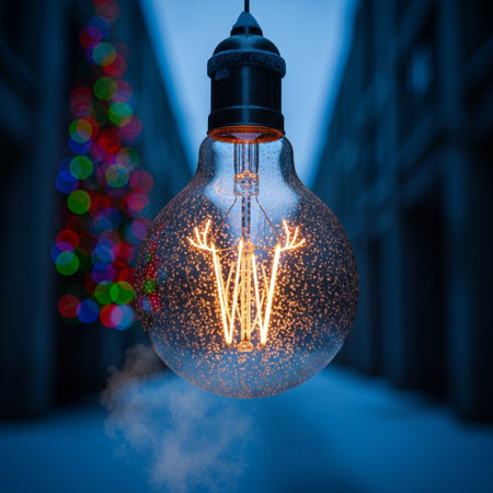 Incandescent Edison light bulb on a background of colorful Christmas lights.の素材