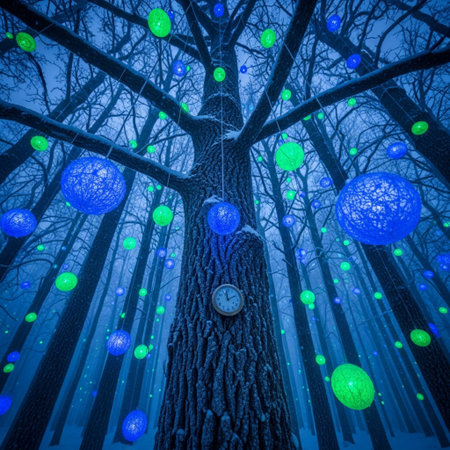 Fantasy forest with christmas tree and balls. 3D renderingの素材