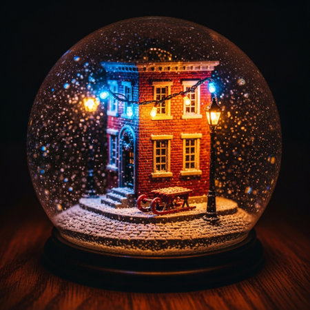 Snow globe with christmas house in dark background. Christmas and New Year concept.の素材