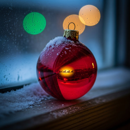 Red christmas ball on a window sill with bokeh backgroundの素材