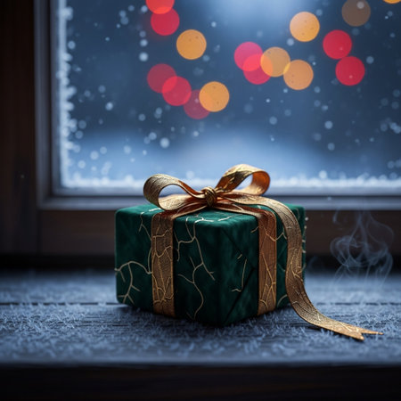 Christmas gift box with golden bow on window sill. Bokeh background.の素材