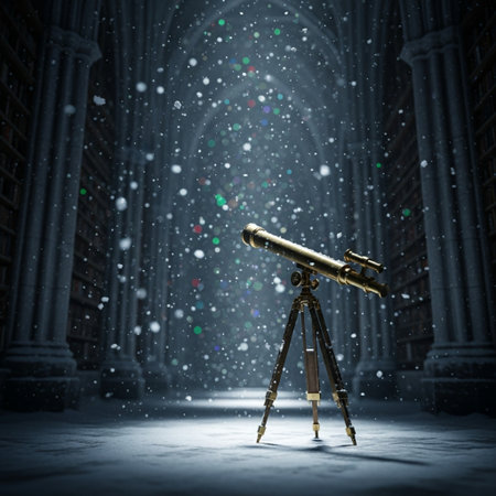 Telescope in front of a gothic cathedral with falling snowの素材