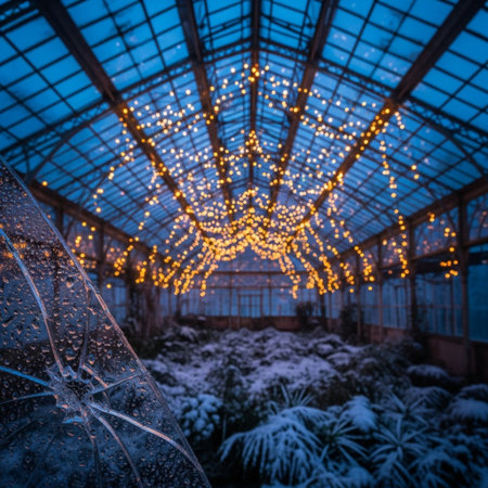 Beautiful christmas background with bokeh lights in a greenhouseの素材