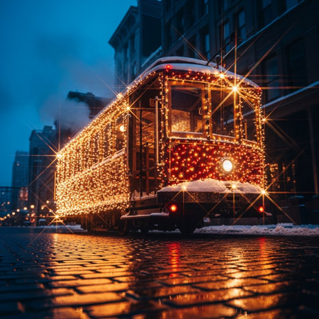 Vintage tram with Christmas lights on the city street at night.の素材