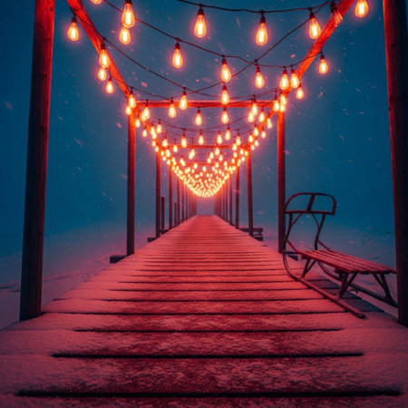 Wooden pier in the snow with a garland of light bulbsの素材