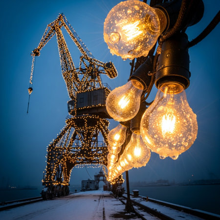 Industrial crane and lightbulbs in the winter at night.の素材