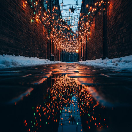 Christmas lights in the streets of the old town of Gdansk, Polandの素材