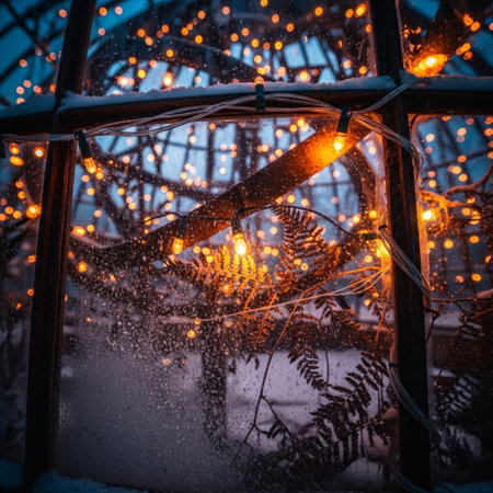 Christmas lights on the window in winter. Christmas lights on the window.の素材