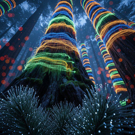 3d rendering of a tree with colorful lights in the forest.の素材