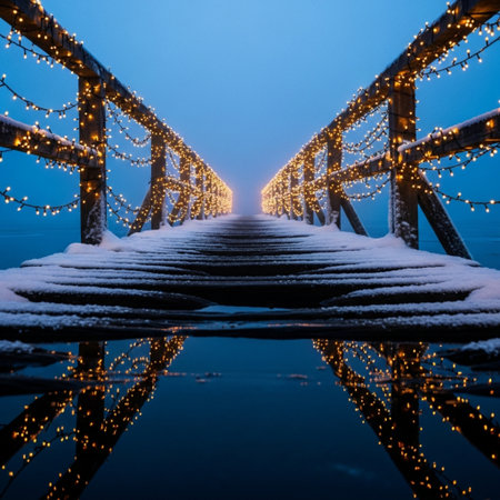 Wooden pier with Christmas lights at night. Beautiful winter landscape.の素材