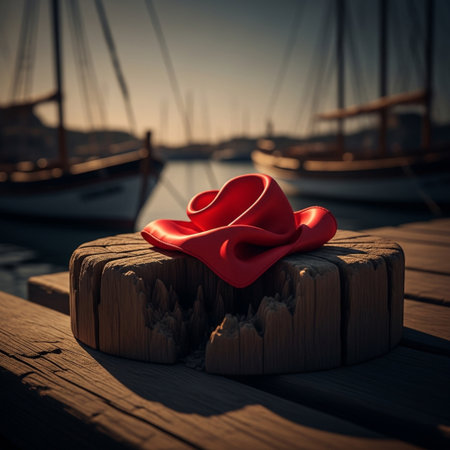 Red ribbon on a wooden pier against the background of yachtsの素材