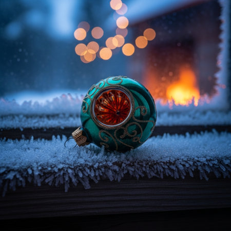 Vintage Christmas toy on the background of a burning fireplace in the winter.の素材