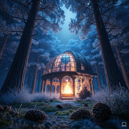 Illustration of a pavilion in a winter forest. 3D rendering.の素材