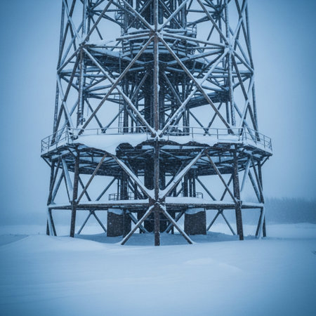 Abandoned industrial tower in the winter forest. Toned.の素材