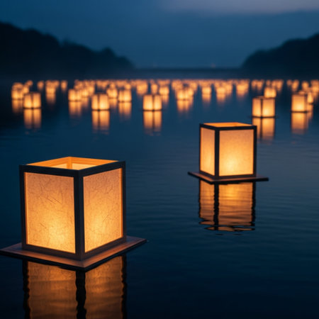 Lanterns with reflection on the water in the night.の素材
