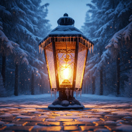 Lantern in winter forest. Christmas and New Year concept.の素材