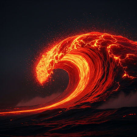 Flaming sea wave on a dark background. 3d renderingの素材
