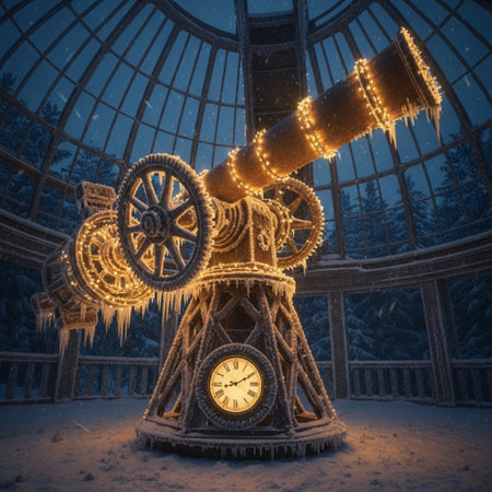 3d rendering of an old astronomical clock in a frosty winter forestの素材