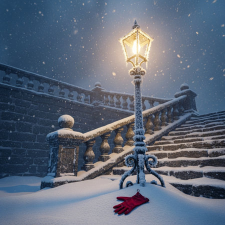 Winter landscape with snow covered stairs and street lamp in the foreground.の素材