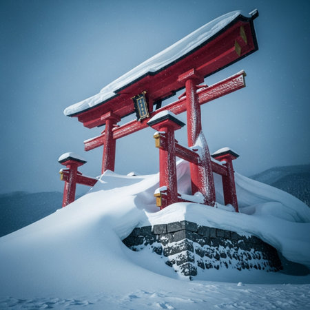 Red torii gate in the snow at Hachimantai, Japanの素材