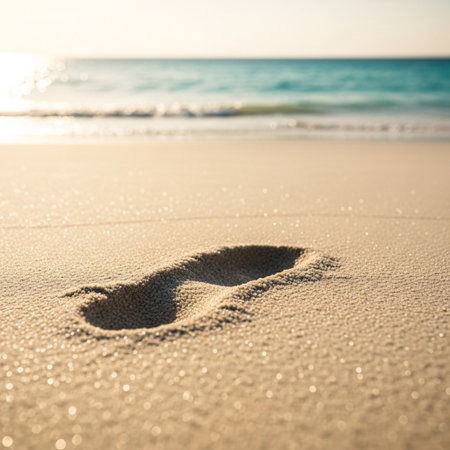 Footprints in the sand on the beach at sunset. Concept of travel and vacation.の素材