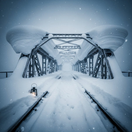 Railway bridge covered with snow on a cold winter day in the Netherlandsの素材