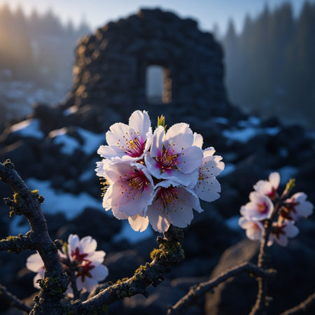 Almond blossoms on the background of an old stone house.の素材