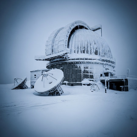 Observatory in the snow in the mountains of Siberia, Russiaの素材