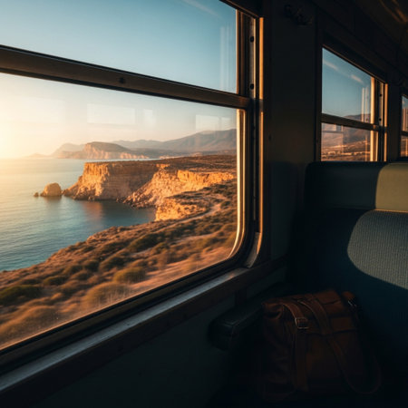 View from train window on the sea and mountains at sunset. Travel conceptの素材