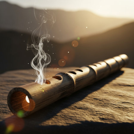 Wooden flute with smoke in the desert. 3d renderingの素材
