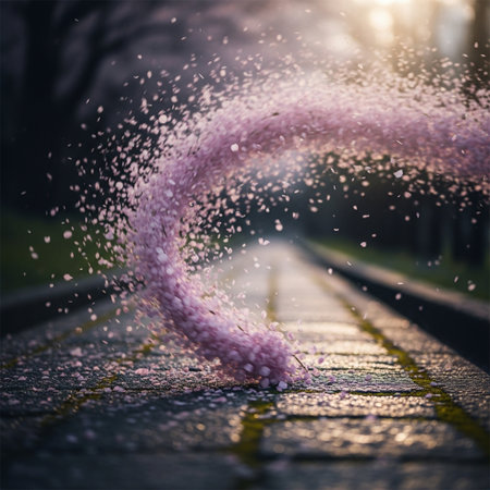 Cherry blossom petals flying in the air on a bridgeの素材