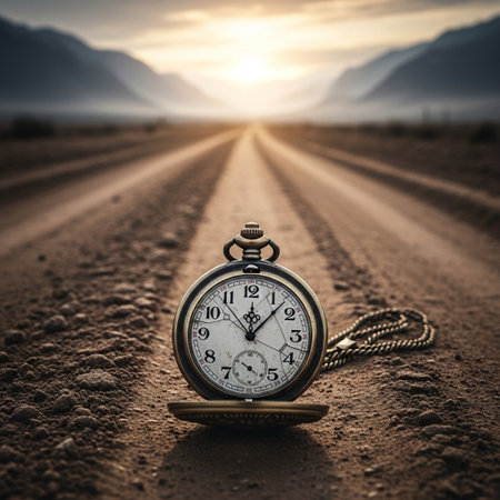 Vintage Pocket Watch on the Dirt Road in the Desert with Beautiful Sunsetの素材