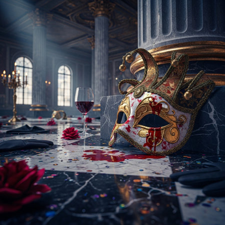 Carnival mask and red winele floor. 3D renderingの素材
