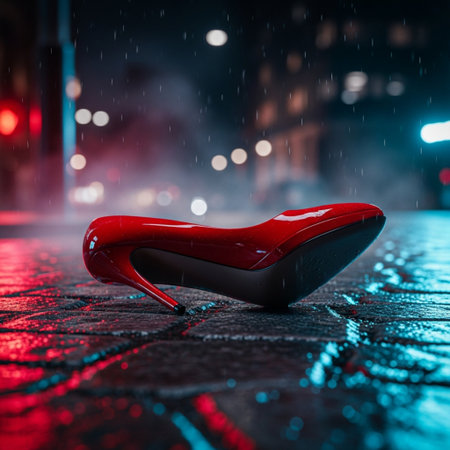 Red high heel shoe on wet street in rainy weather. 3D Renderingの素材