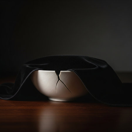 Empty bowl with black cloth on wooden table. Selective focus.の素材