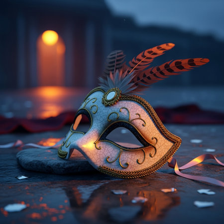 Carnival mask with feathers on stone at night. 3D illustration.の素材