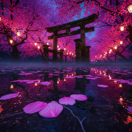 Beautiful Japanese temple with cherry blossom in the park at nightの素材
