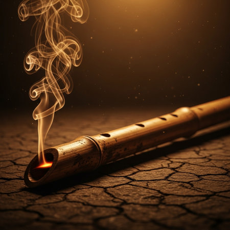 Wooden flute on cracked earth background with smoke. Selective focusの素材