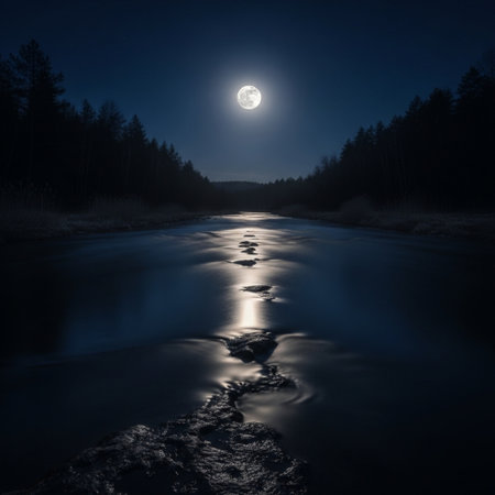 Full moon over a river in the forest at night. Long exposureの素材