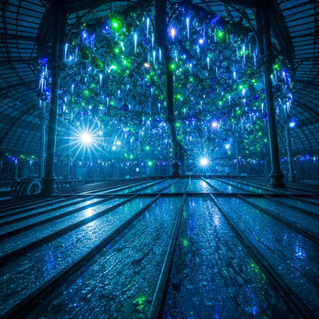 The interior of a large glass greenhouse with Christmas decorations and lights.の素材