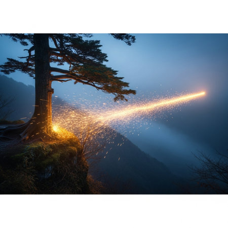 Futuristic landscape with a tree and a flash of light in the fogの素材
